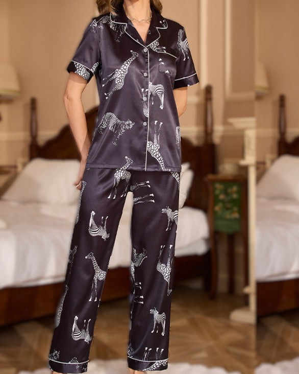 Printed Satin Short Sleeve Pajama Set - C3