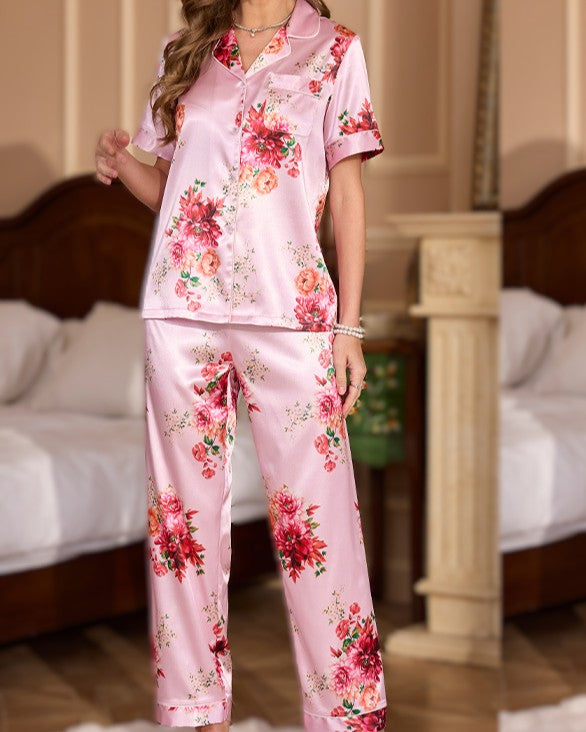 Printed Satin Short Sleeve Pajama Set - C4