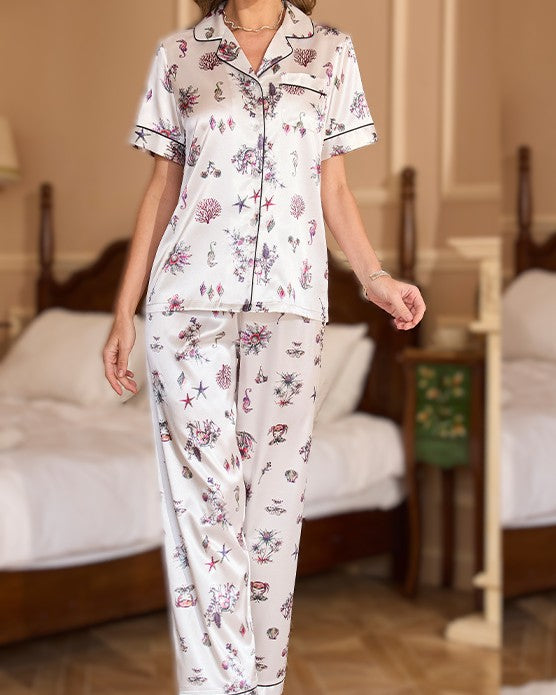 Printed Satin Short Sleeve Pajama Set - C5