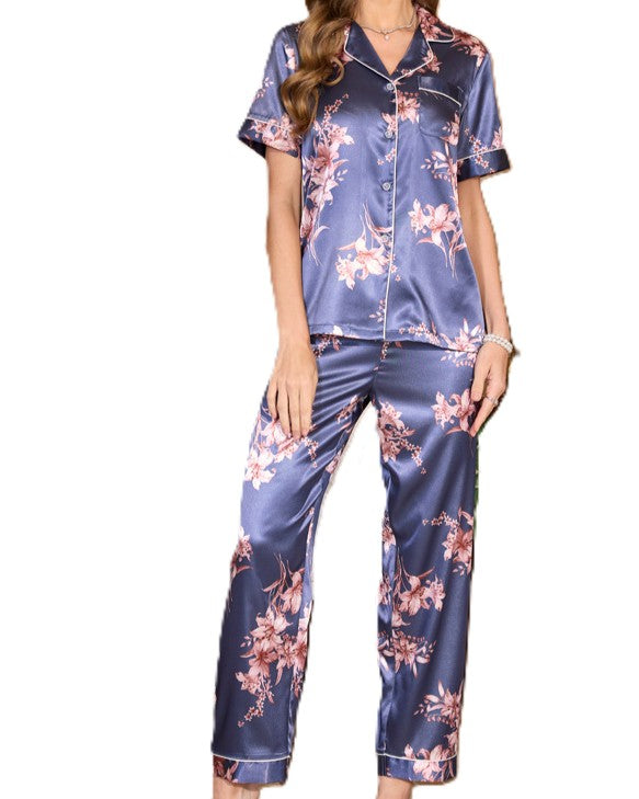 Printed Satin Short Sleeve Pajama Set - C6