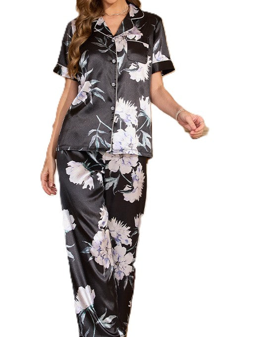 Printed Satin Short Sleeve Pajama Set - C7