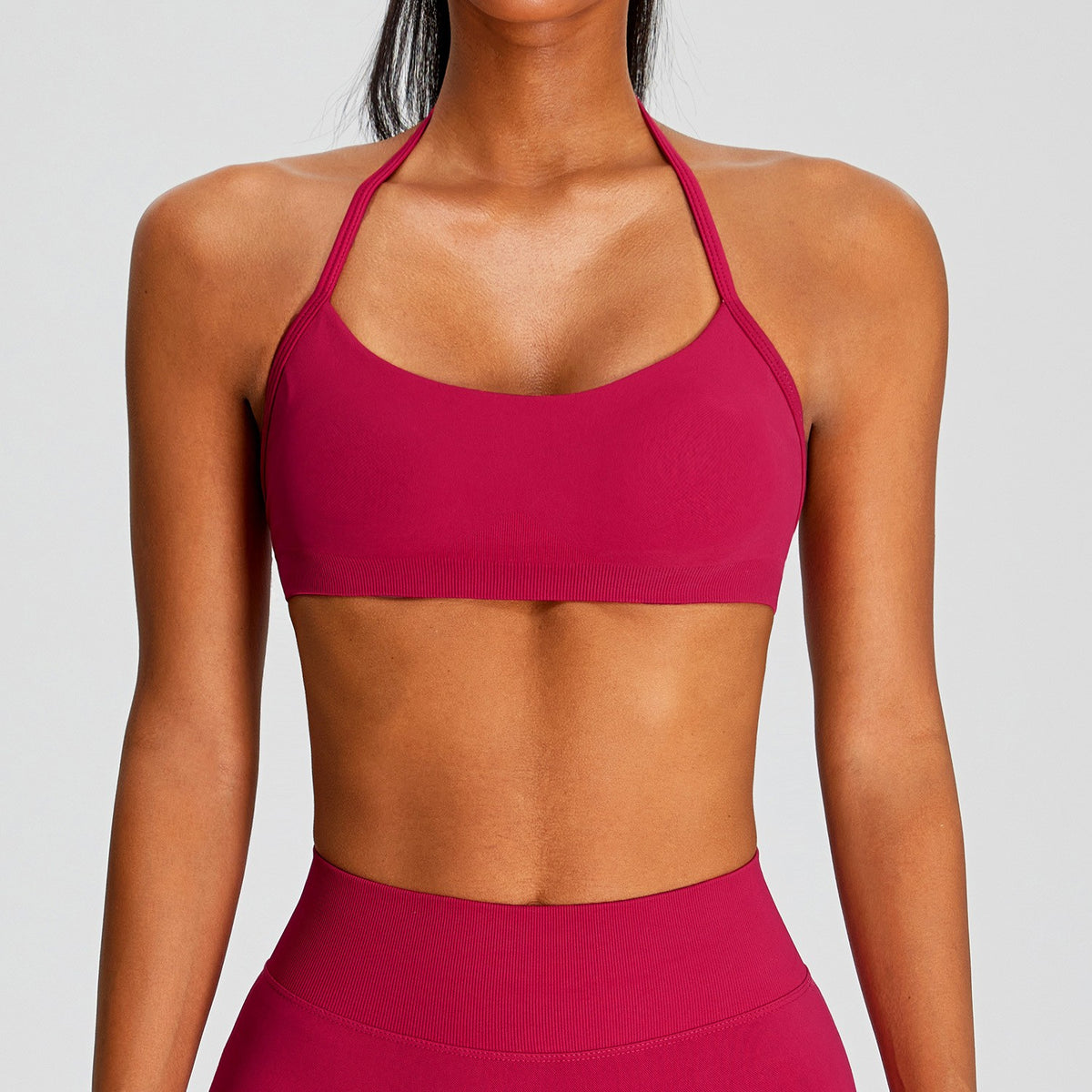 Seamless Halter Scoop Neck Open Back Yoga Sports Bra - Crimson