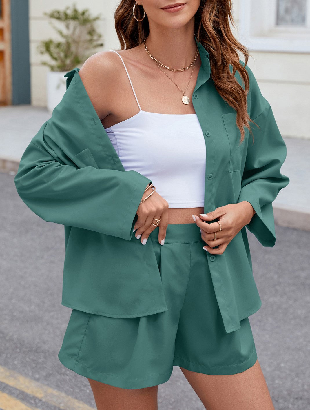 Oversized Shirt And Pleated Shorts Set - Green