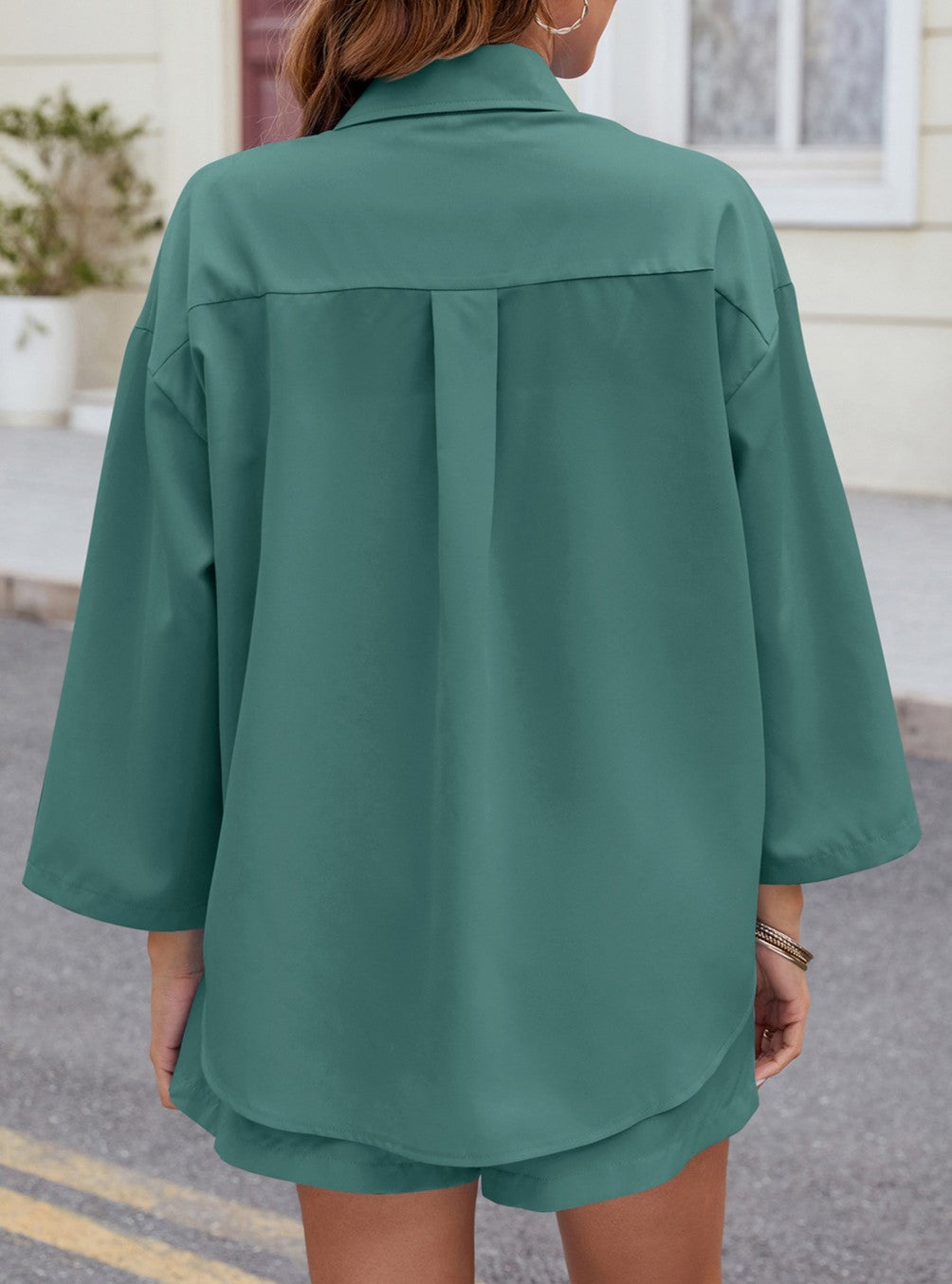 Oversized Shirt And Pleated Shorts Set - Green - 1