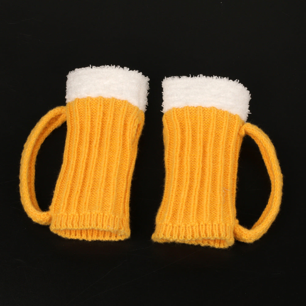 Novelty Beer Mug Fingerless Knit Gloves - Yellow - 1