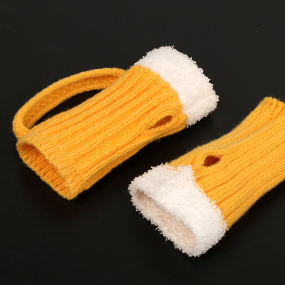 Novelty Beer Mug Fingerless Knit Gloves - Yellow - 2