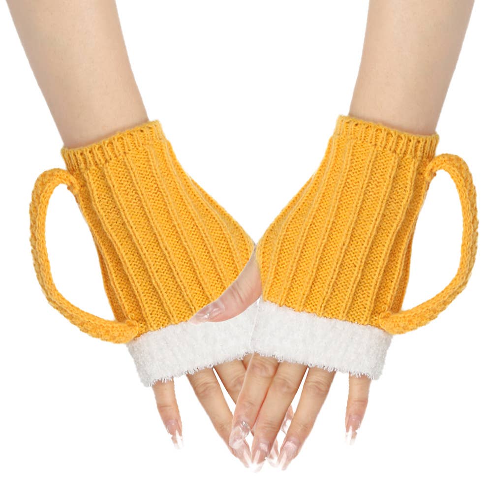 Novelty Beer Mug Fingerless Knit Gloves