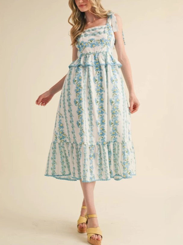Tie Shoulder Smocked Floral Midi Dress - Blue