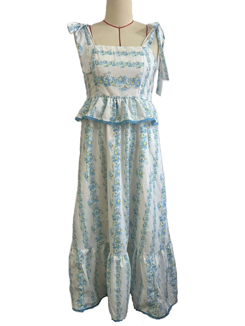 Tie Shoulder Smocked Floral Midi Dress - Blue - 1