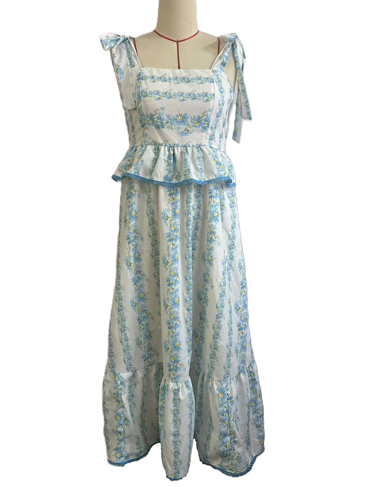 Tie Shoulder Smocked Floral Midi Dress - Blue - 1