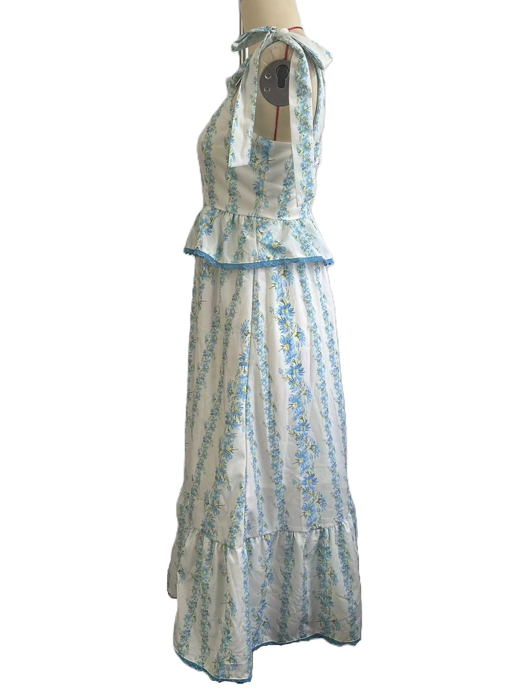 Tie Shoulder Smocked Floral Midi Dress - Blue - 2