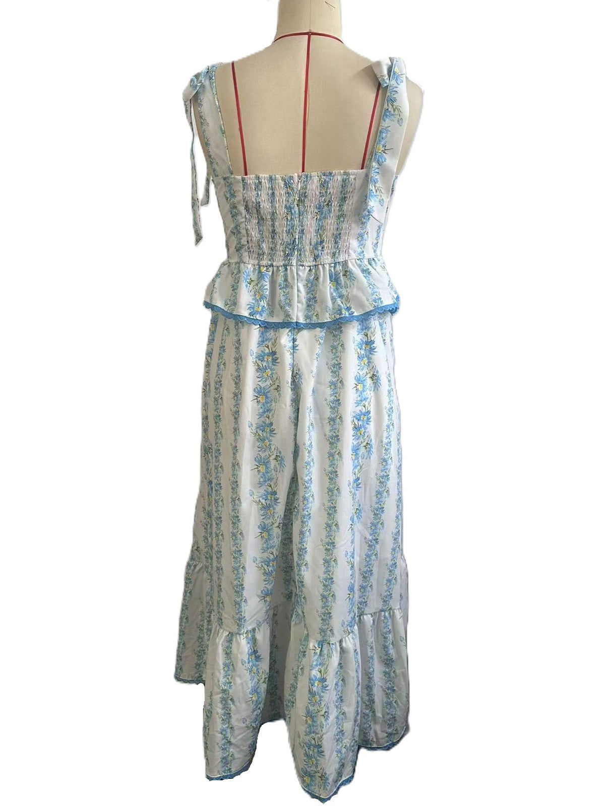 Tie Shoulder Smocked Floral Midi Dress - Blue - 3