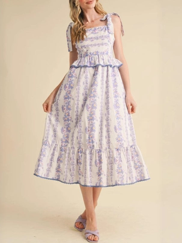 Tie Shoulder Smocked Floral Midi Dress - Purple