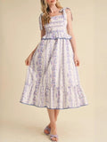 Tie Shoulder Smocked Floral Midi Dress - Purple