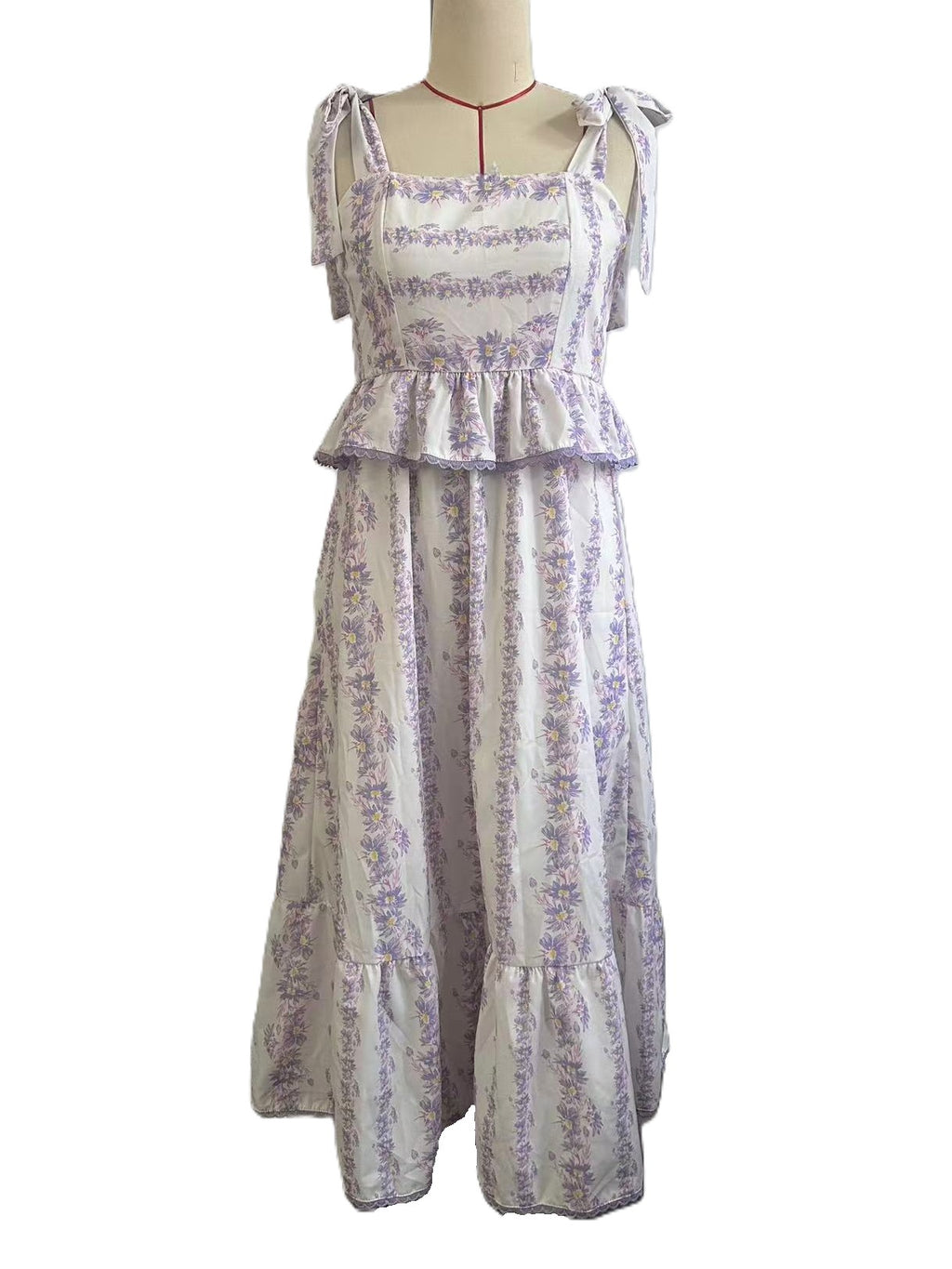 Tie Shoulder Smocked Floral Midi Dress - Purple - 1