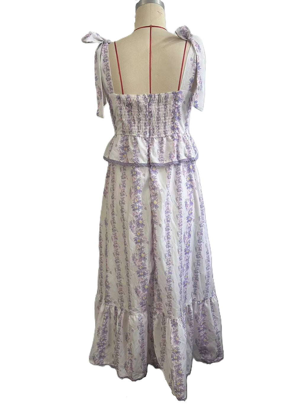 Tie Shoulder Smocked Floral Midi Dress - Purple - 2