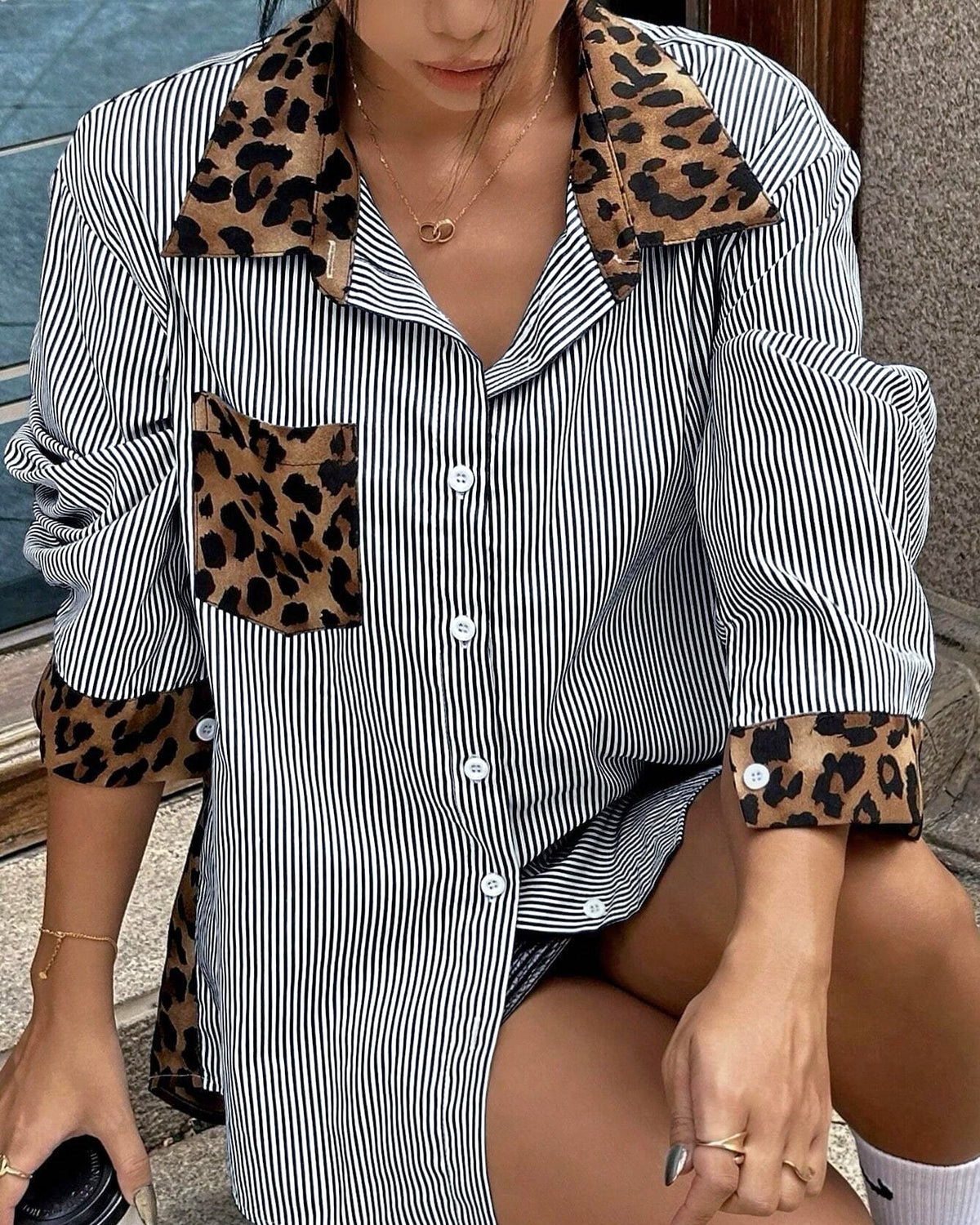 Striped And Leopard Patchwork Oversized Shirt - Black - 3