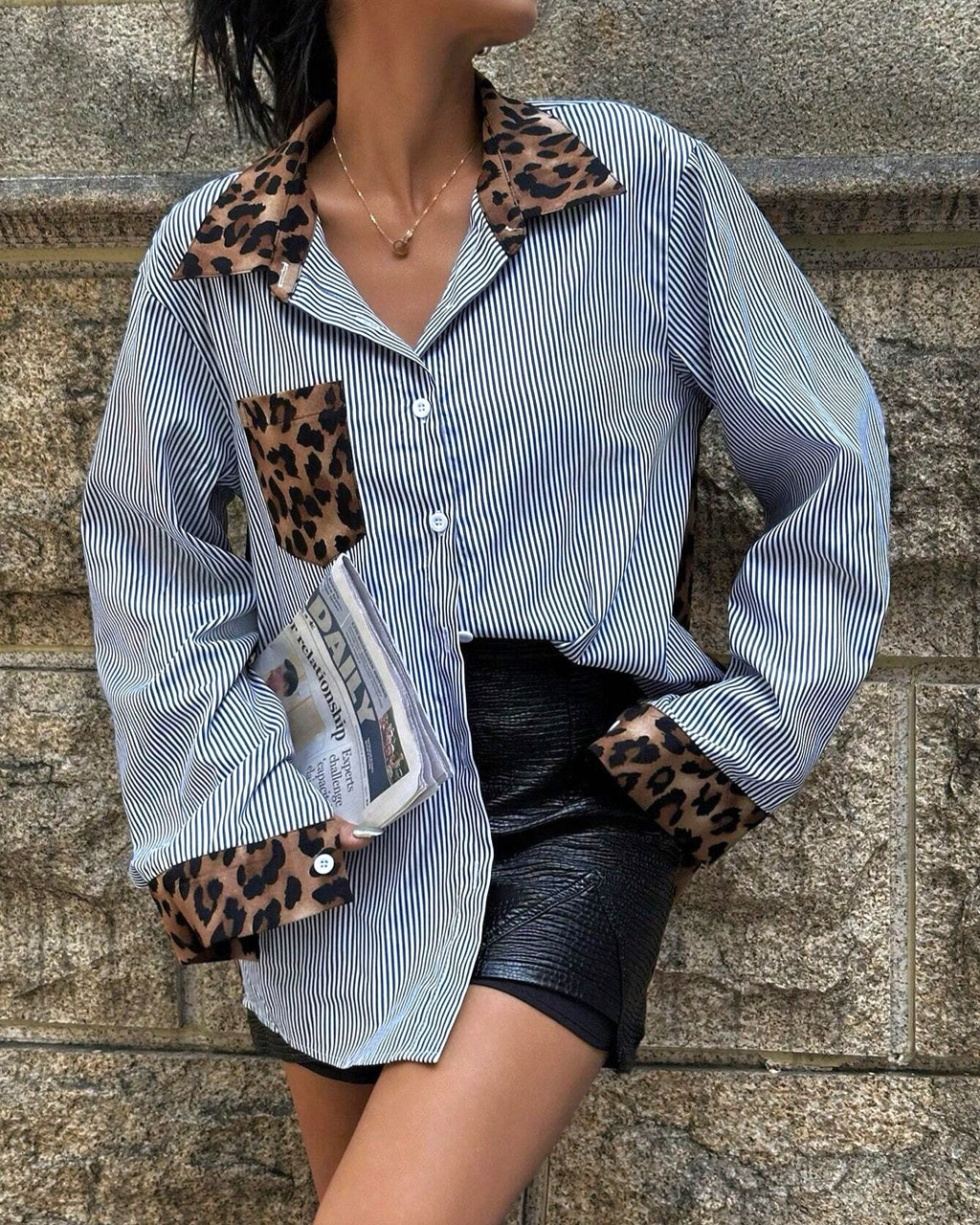 Striped And Leopard Patchwork Oversized Shirt - Blue - 2