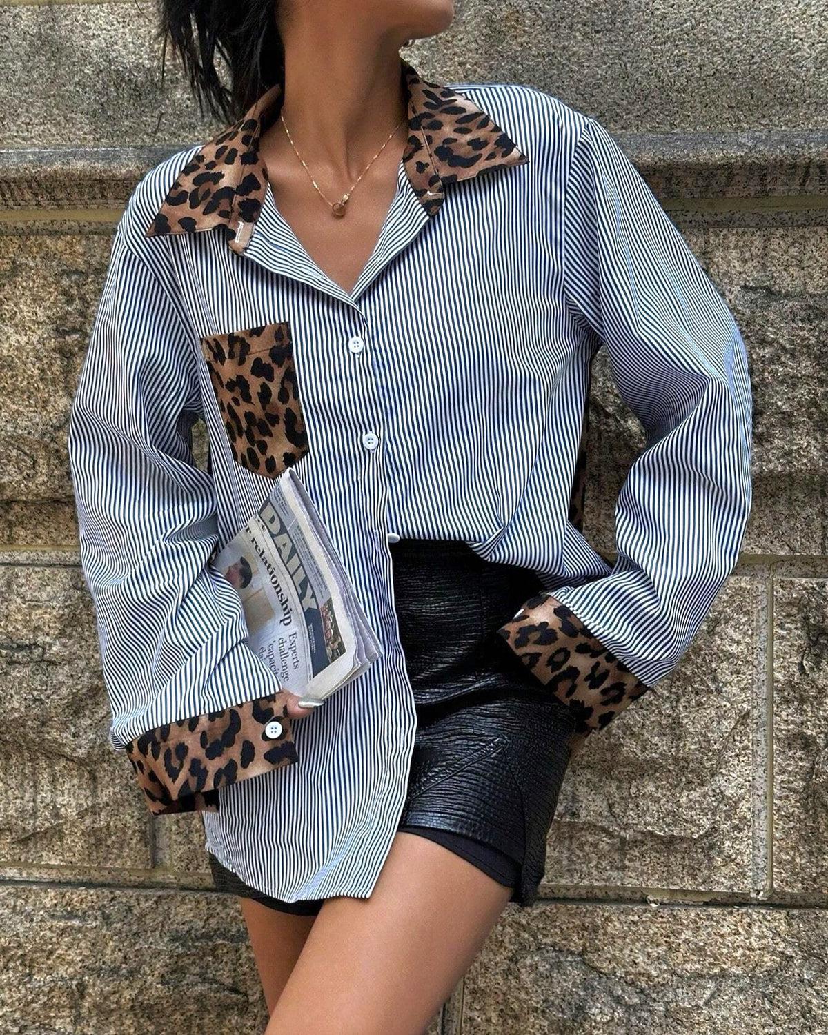 Striped And Leopard Patchwork Oversized Shirt - Blue - 2