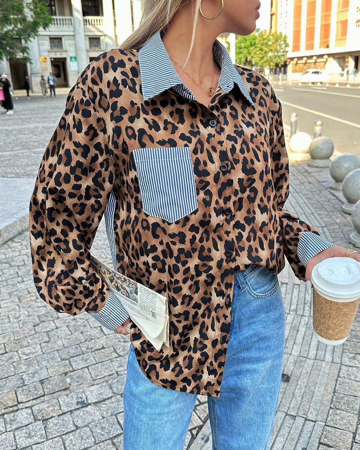 Striped And Leopard Patchwork Oversized Shirt - Blue - 3