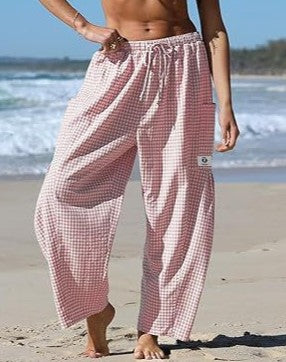 Plaid Print Relaxed Harem Pants with Drawstring Waist - Pink
