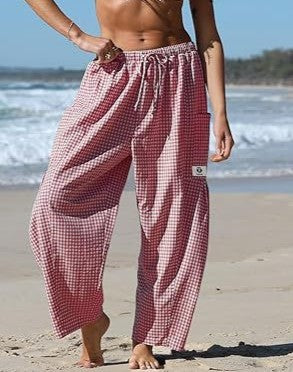 Plaid Print Relaxed Harem Pants with Drawstring Waist - Red