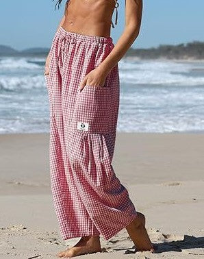 Plaid Print Relaxed Harem Pants with Drawstring Waist - Red - 2