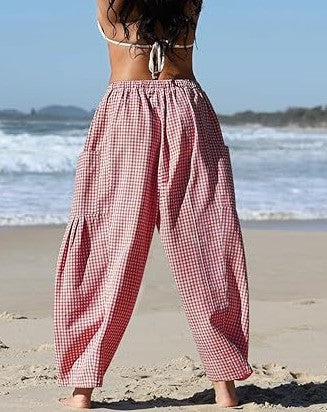 Plaid Print Relaxed Harem Pants with Drawstring Waist - Red - 3