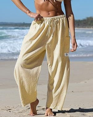 Plaid Print Relaxed Harem Pants with Drawstring Waist - Yellow