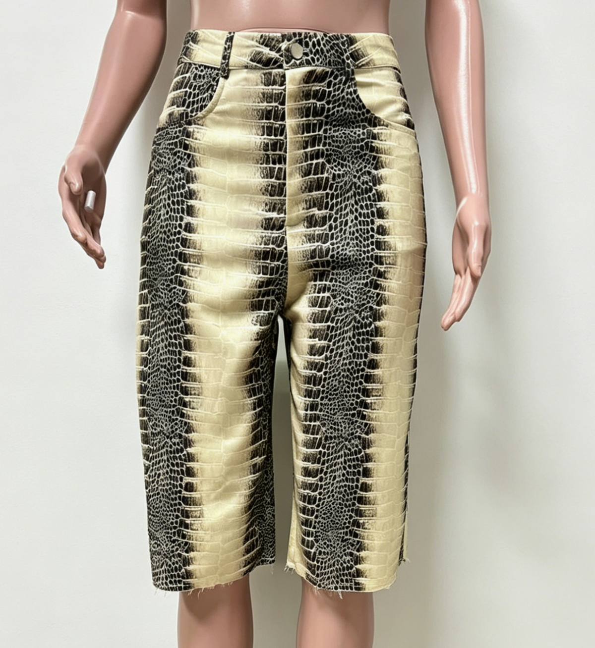 Snake Print High Waist Bermuda Shorts - Begie - 1