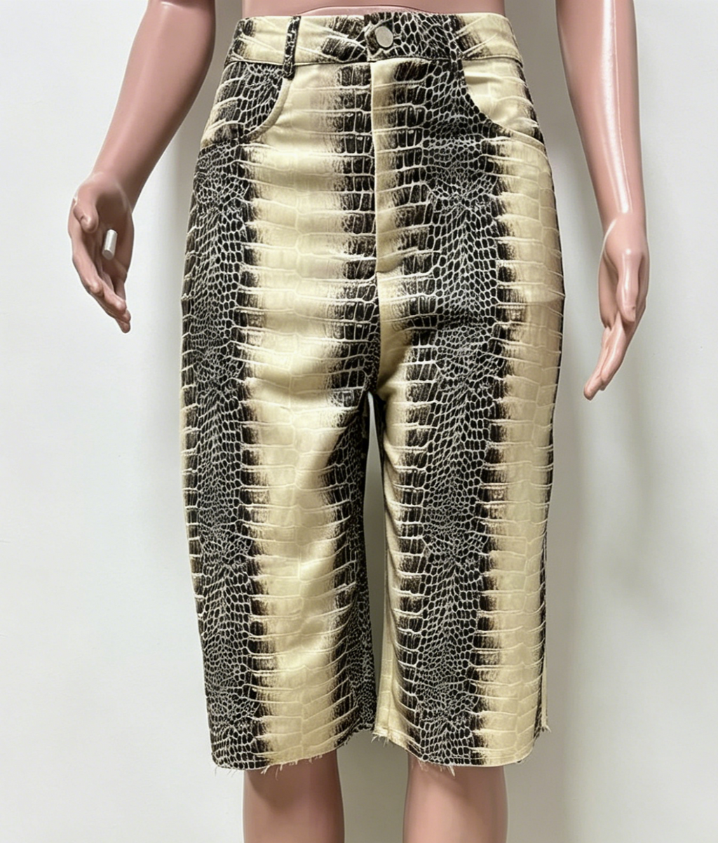 Snake Print High Waist Bermuda Shorts - Begie - 3