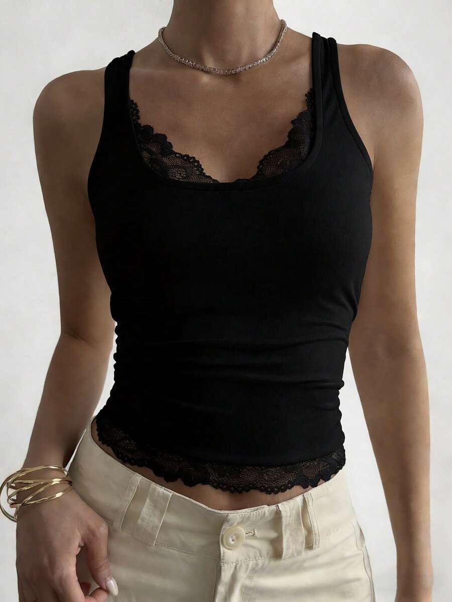 Lace Trim Ribbed Scoop Neck Tank - Black