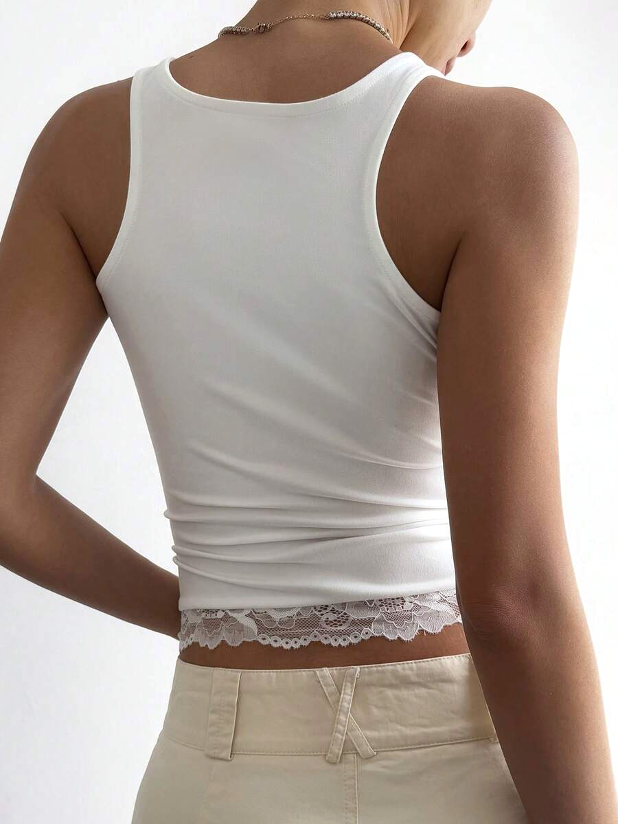 Lace Trim Ribbed Scoop Neck Tank - White - 2