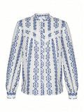 Floral Stripe Print Puff Sleeve Blouse - Blue