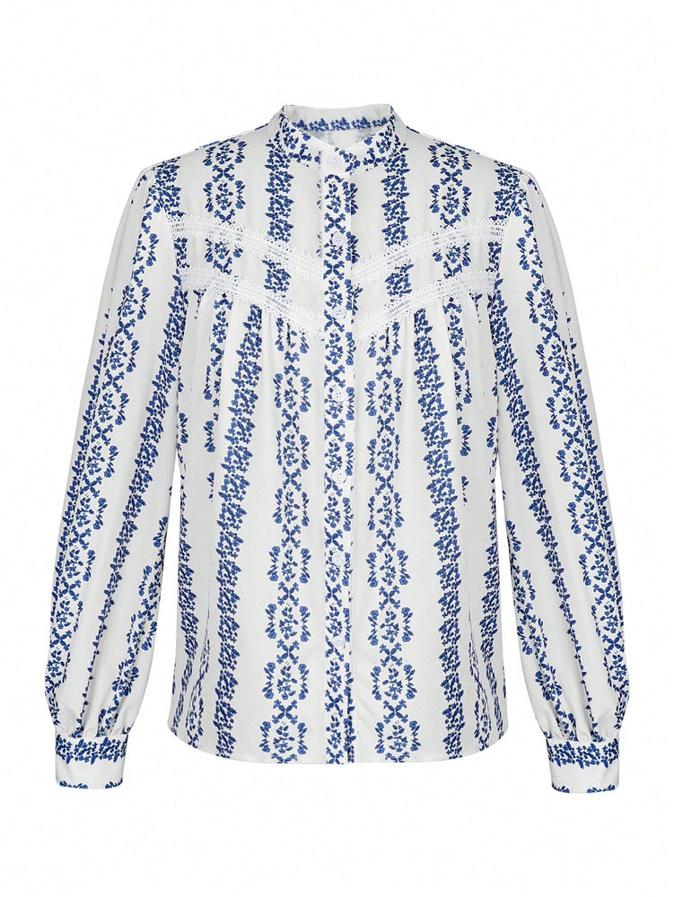 Floral Stripe Print Puff Sleeve Blouse - Blue
