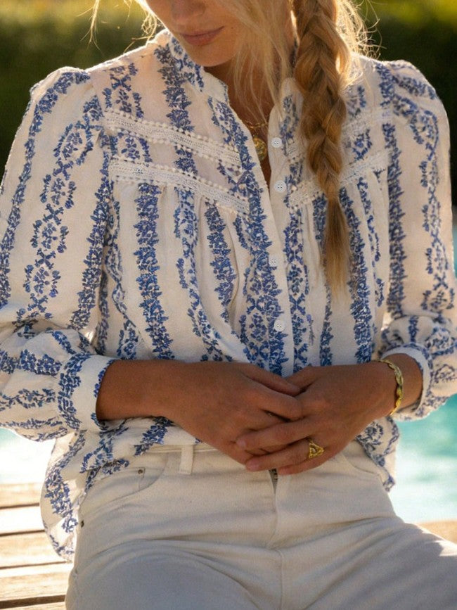 Floral Stripe Print Puff Sleeve Blouse - Blue - 4
