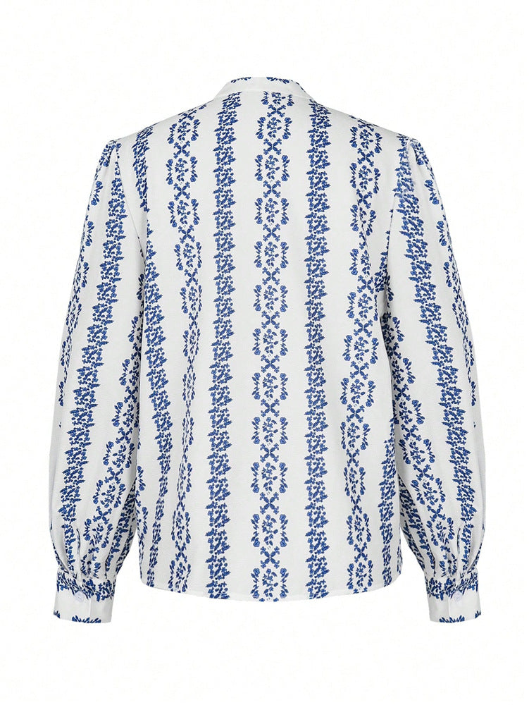 Floral Stripe Print Puff Sleeve Blouse - Blue - 5