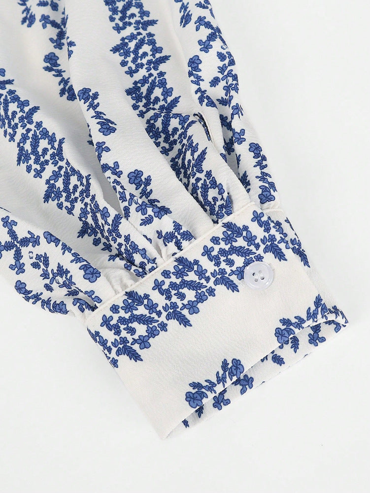 Floral Stripe Print Puff Sleeve Blouse - Blue - 6