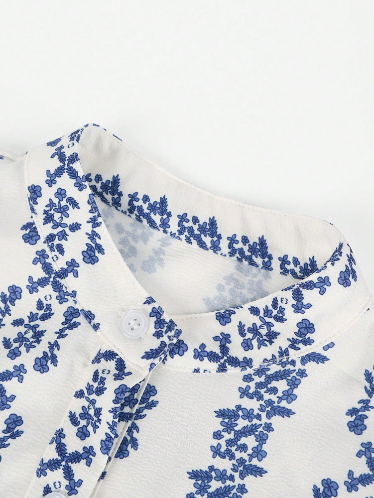 Floral Stripe Print Puff Sleeve Blouse - Blue - 7