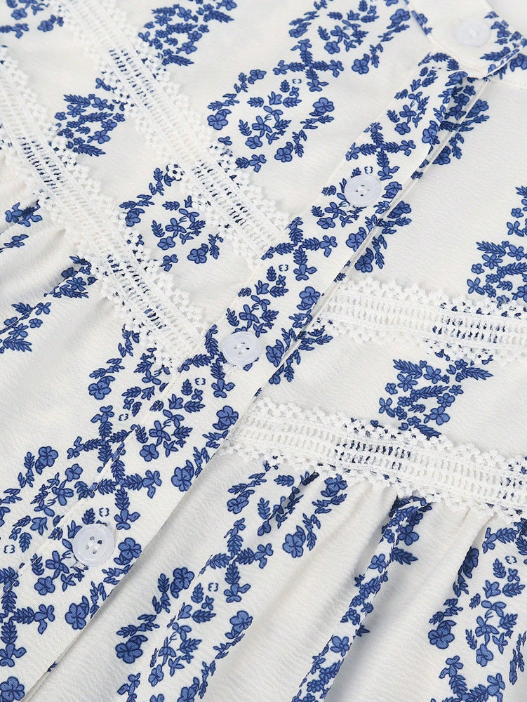 Floral Stripe Print Puff Sleeve Blouse - Blue - 8