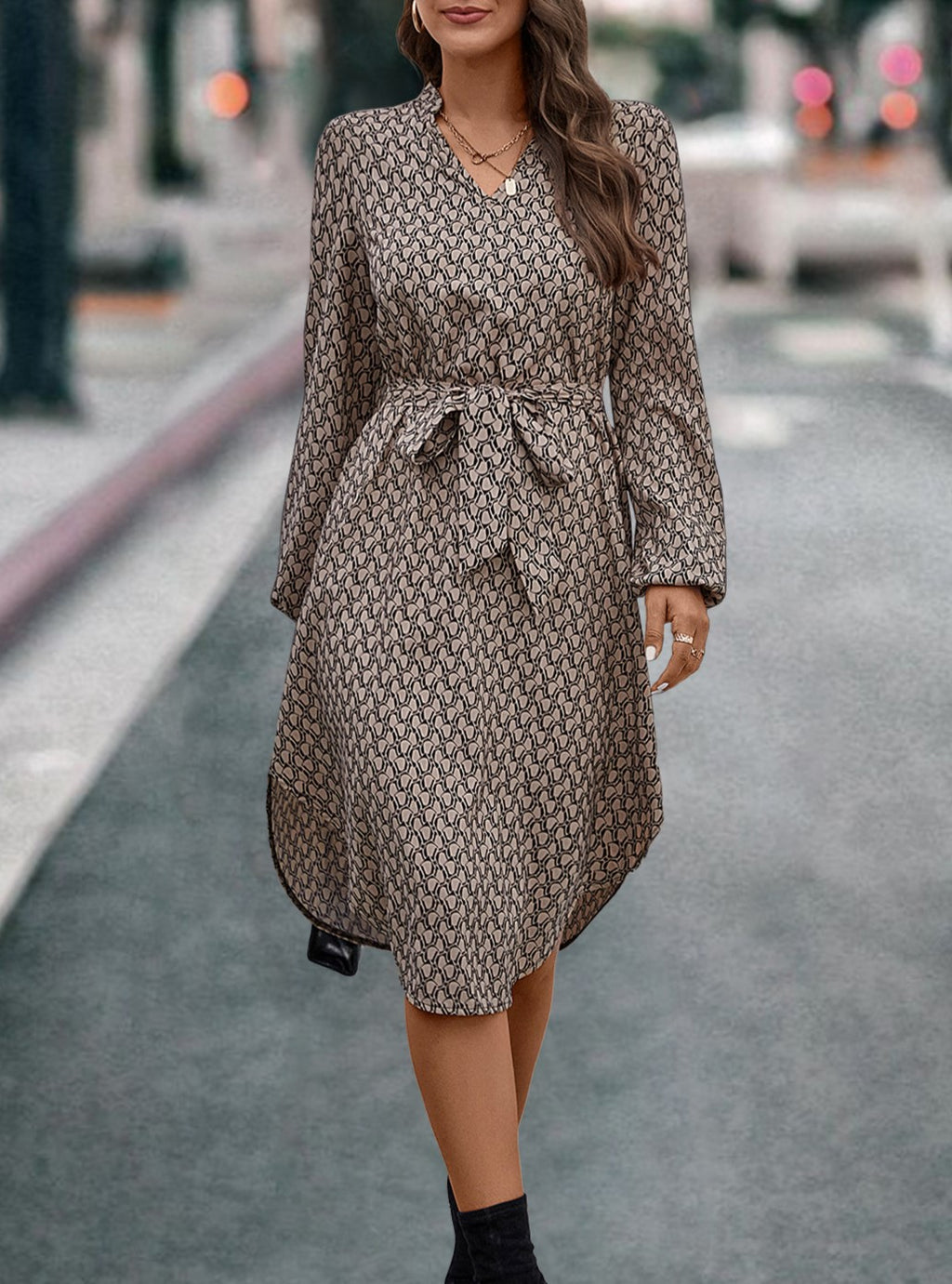 Ditsy Print Tie Waist Wrap Midi Dress - Brown