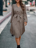 Ditsy Print Tie Waist Wrap Midi Dress - Brown
