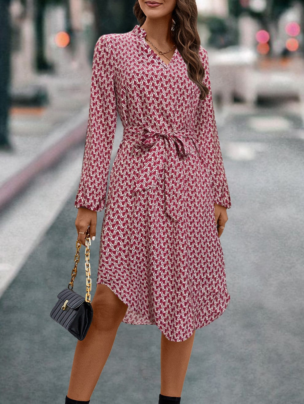 Ditsy Print Tie Waist Wrap Midi Dress - Red