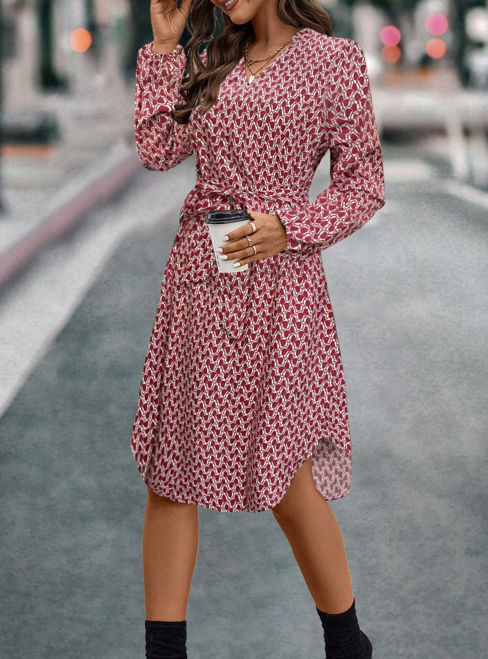 Ditsy Print Tie Waist Wrap Midi Dress - Red - 1