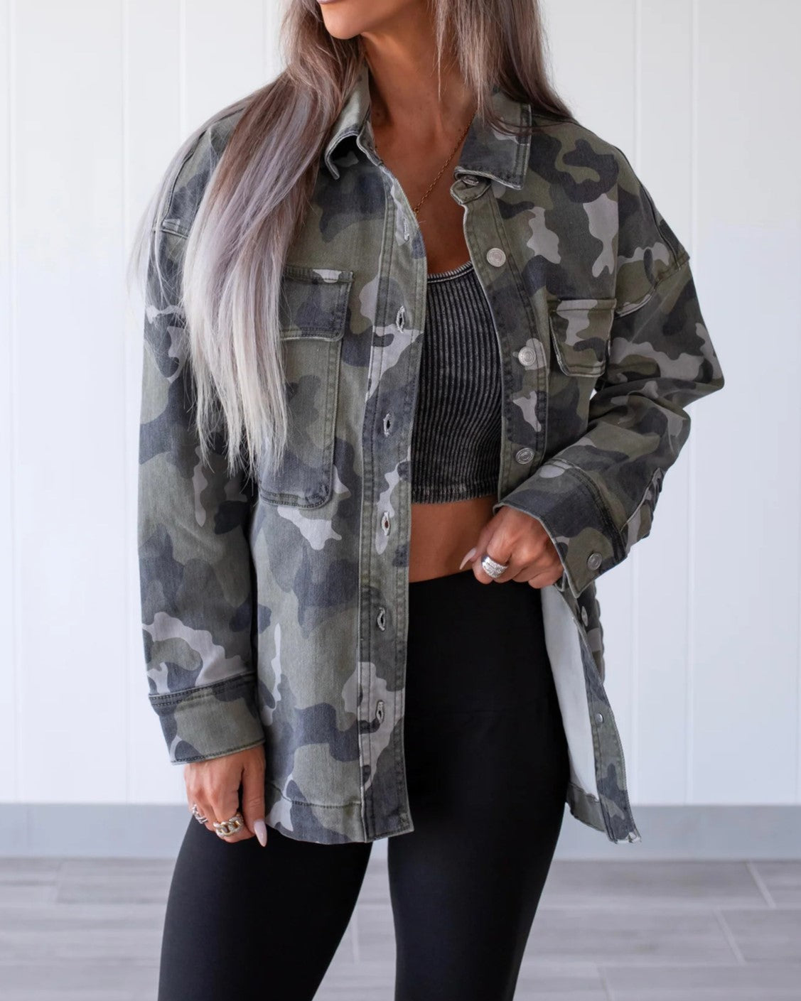 Oversized Camo Print Denim Shirt Jacket - Camo