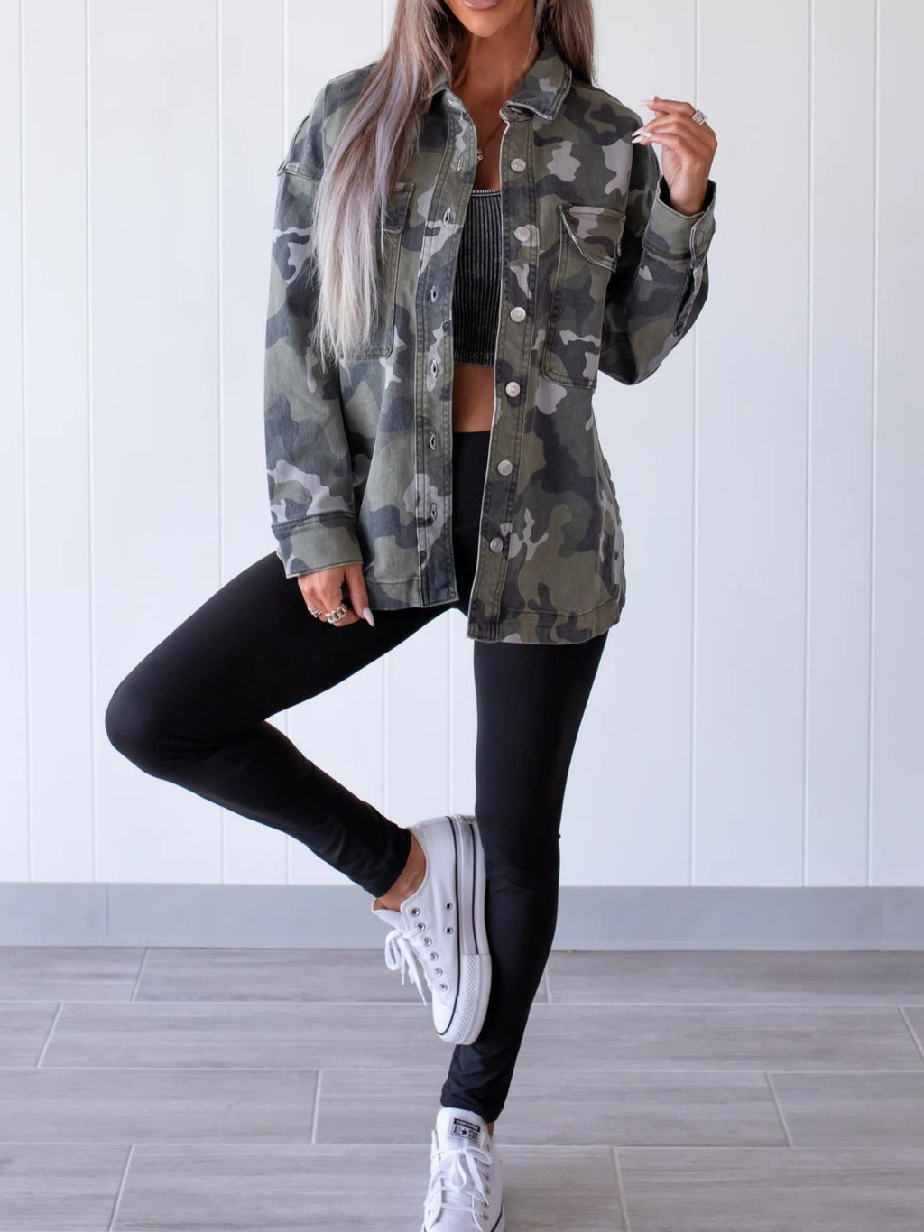 Oversized Camo Print Denim Shirt Jacket - Camo - 1