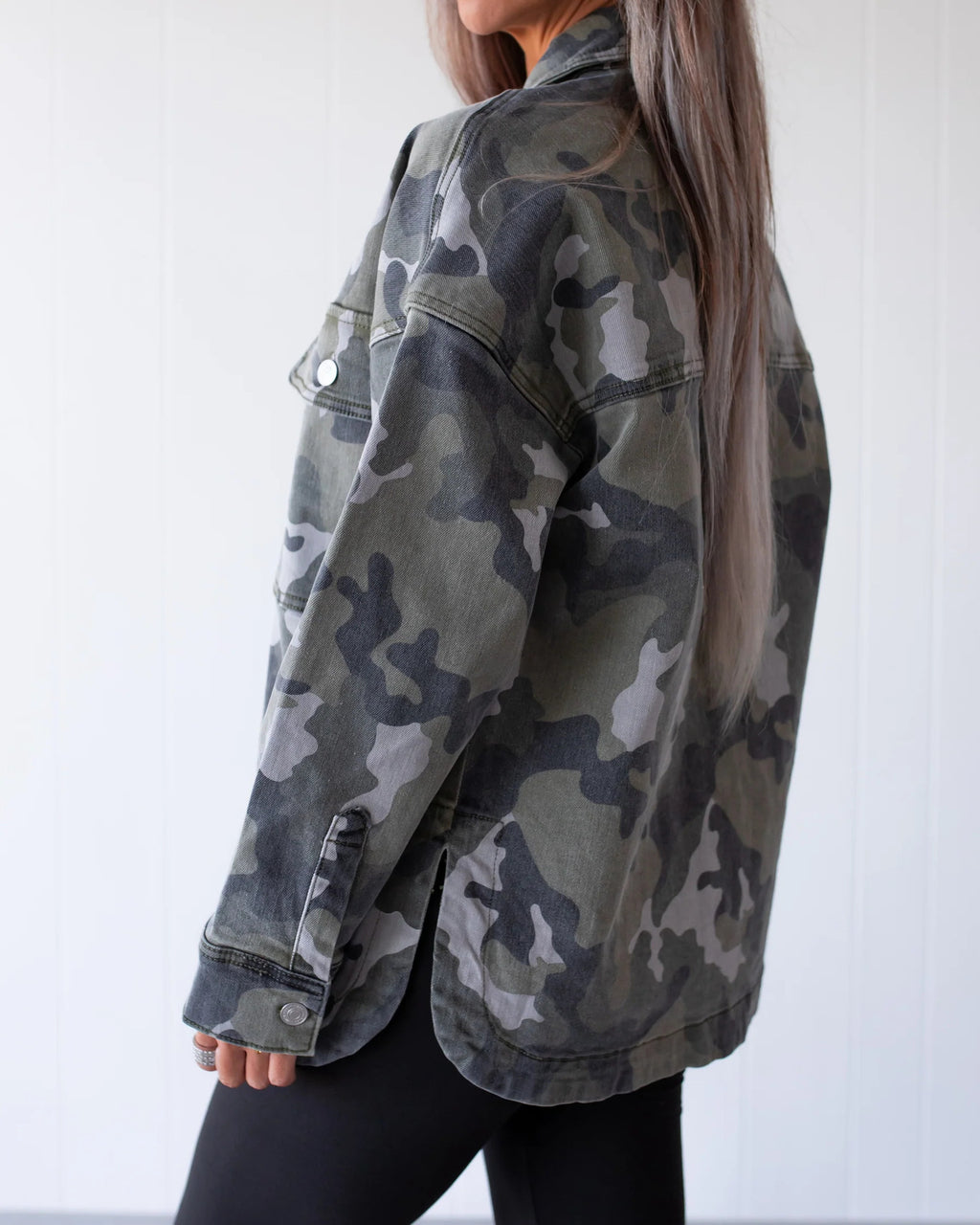 Oversized Camo Print Denim Shirt Jacket - Camo - 3