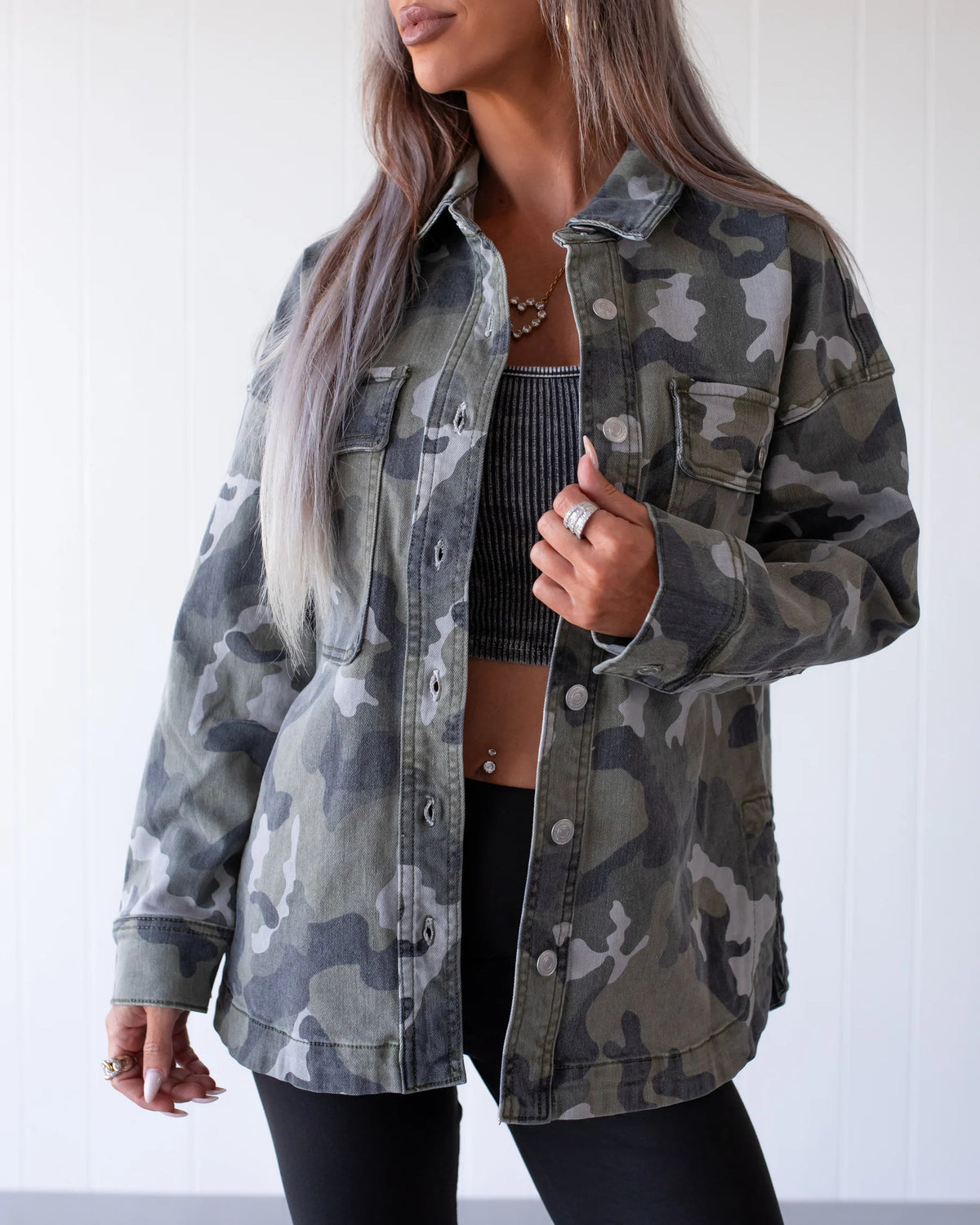 Oversized Camo Print Denim Shirt Jacket - Camo - 4
