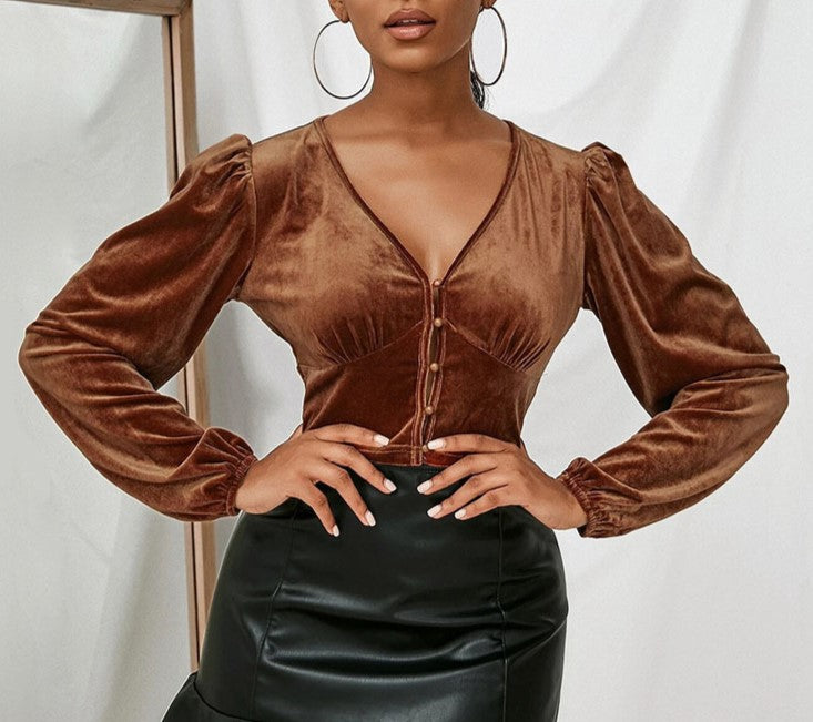 Velvet Button Front Cropped Puff Sleeve Blouse - Brown