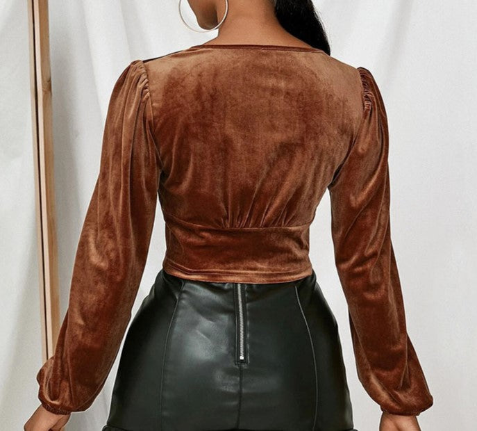 Velvet Button Front Cropped Puff Sleeve Blouse - Brown - 1
